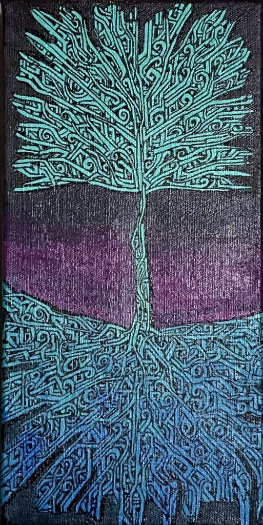 Photo of painting by Thomas "Breeze" Marcus named Oodham Tree of Peace.